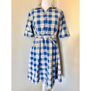 Vintage Late Century Short Sleeve Fit And Flare Gingham Print Belted Farm Dress
